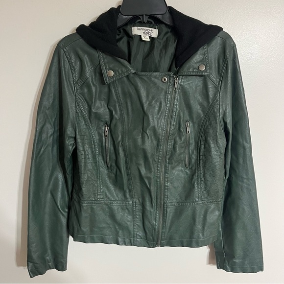 Women’s Juniors Harmony & Havoc Faux Leather Jacket Hooded Zipper Size XL Green - Picture 1 of 11